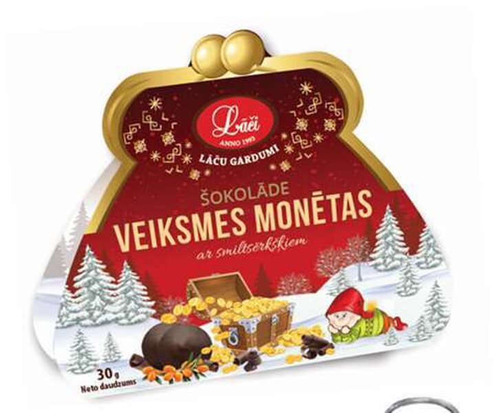 Šokolādes Veiksmes monētas ar smiltsērkšķu pildījumu (30g)