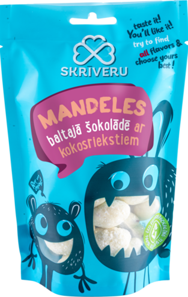Mandeles baltajā šokolādē ar kokosrieksta skaidiņām 120 g